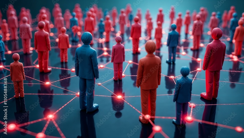 Multi-colored 3D figures of people connected by multi-colored lines, illustrating connections and social networks and interactions. From each person there is a line to another person. Multi-colored 3D figures of people connected by multi-colored lines, illustrating connections and social networks and interactions. From each person there is a line to another person.