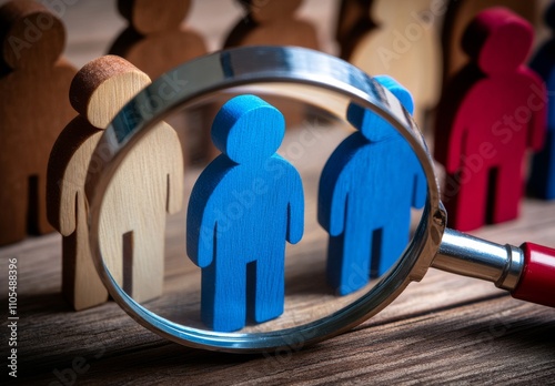 Blue wooden figure under magnifying glass among team on dark red background