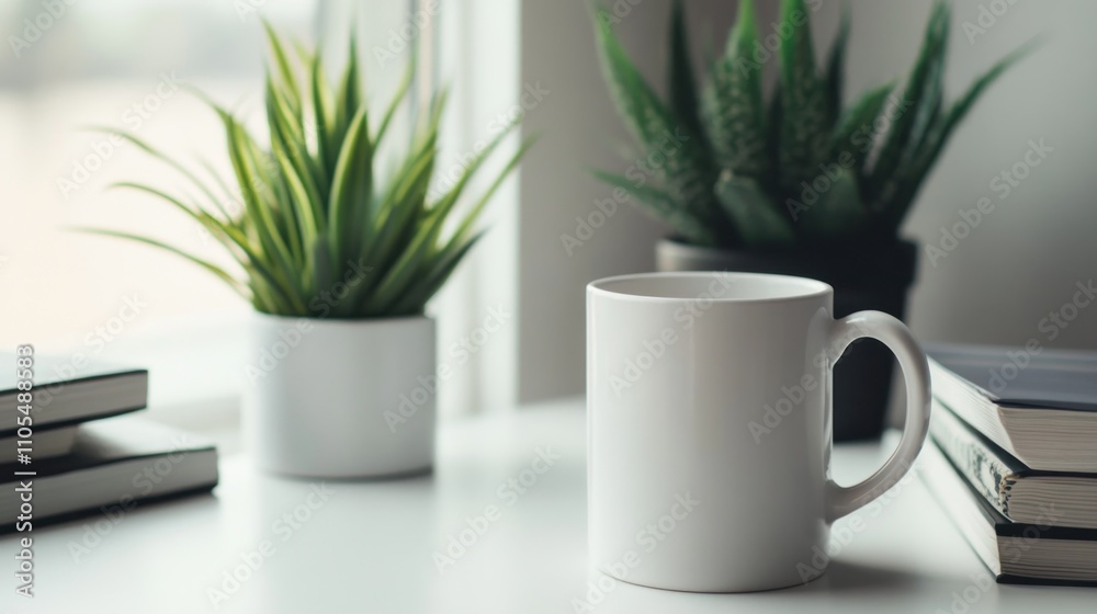 White mug, books, and plants on windowsill. White mug, books, and plants on windowsill.