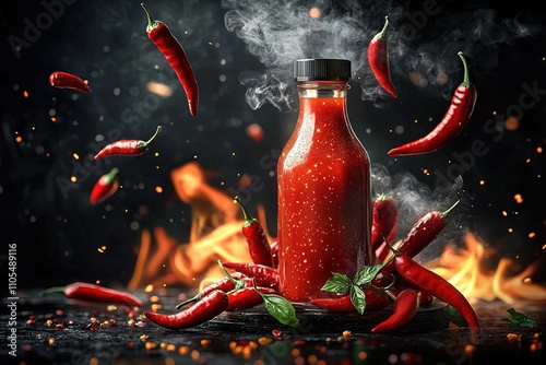 Spicy hot sauce in a glass bottle surrounded by falling red chili peppers. Generative Ai photo