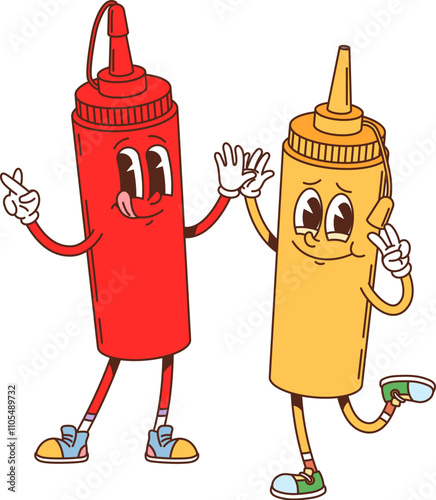 Cartoon groovy fast food ketchup and mustard character. Fast food restaurant sauce cute cartoon personage, funny groovy isolated vector character. Takeaway cafe ketchup and mustard cheerful mascot