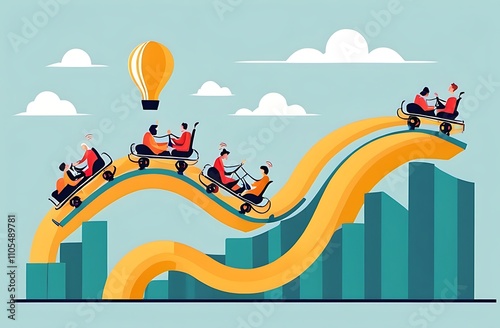 Investment volatility metaphor of riding roller coaster, financial stock market fluctuation rising up and falling down concept, people investors riding roller coaster on fluctuated market chart.