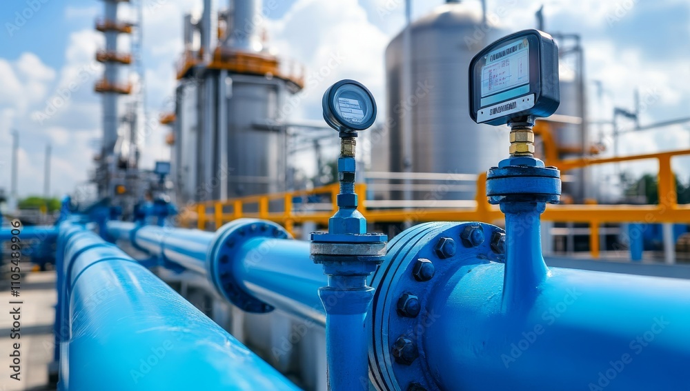 Close-up of stainless steel pipes and blue safety technology in industrial setting for air mixing systems Close-up of stainless steel pipes and blue safety technology in industrial setting for air mixing systems