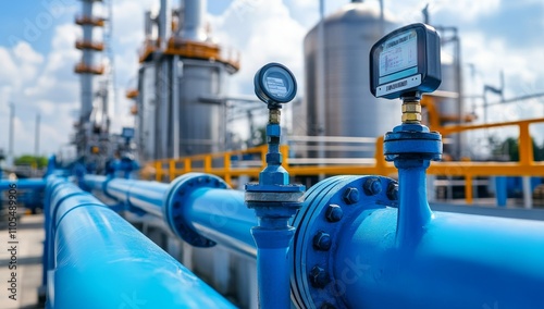 Close-up of stainless steel pipes and blue safety technology in industrial setting for air mixing systems