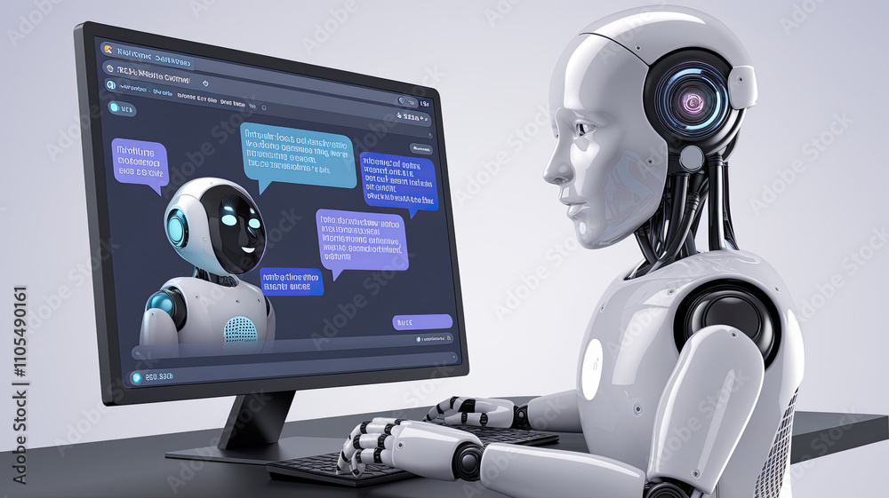 Fototapeta premium 3D AI chatbots interacting and chatting on a computer screen, showcasing advanced technology, digital communication, and artificial intelligence in a futuristic setting, isolated on a clean white 