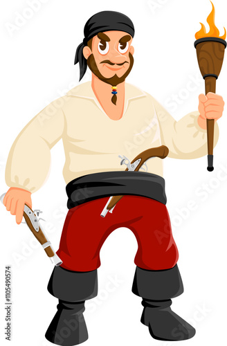 Cartoon pirate, filibuster bandit funny character. Caribbean pirate captain funny isolated vector mascot, filibuster bandit boatswain cheerful personage or corsair sailor crew skipper with torch