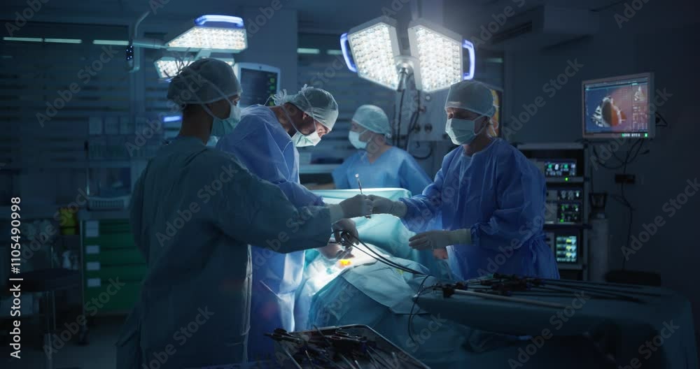Dark Operating Room with a Diverse Team Performing a Precise Surgical Procedure as Teamwork and Under Surgical Light. Female Surgeon Using Laparoscopy Instruments and Forceps for the Operation