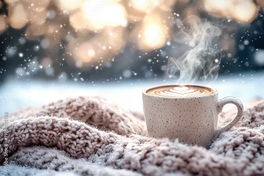 Cup of hot coffee and a blanket, set against a snowy landscape. Generative Ai Cup of hot coffee and a blanket, set against a snowy landscape. Generative Ai