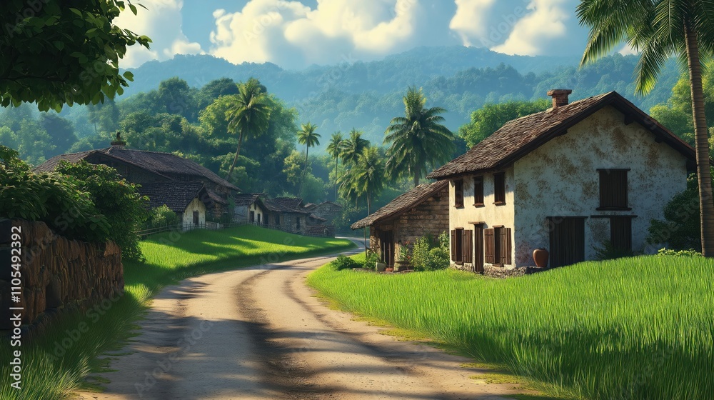 Rural village road curves past old houses. Green rice paddies line way. Sunlight highlights pathway. Peaceful scene near ancient dwellings in tropical setting. Tranquil landscape evokes rustic charm. Rural village road curves past old houses. Green rice paddies line way. Sunlight highlights pathway. Peaceful scene near ancient dwellings in tropical setting. Tranquil landscape evokes rustic charm.