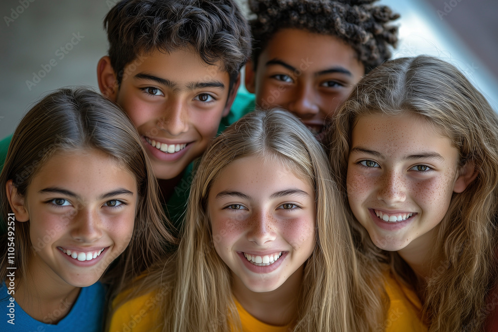 Fototapeta premium portrait of a smiling pupils, students in the school. boys and girls together at the university . teenagers studying, having time in school. AI Generated AI Generated