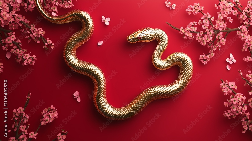 Full view of golden snake stretched on red surface with cherry blossoms, emphasizing beauty and elegance Full view of golden snake stretched on red surface with cherry blossoms, emphasizing beauty and elegance
