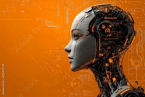 Futuristic female android profile with circuit design on orange background.