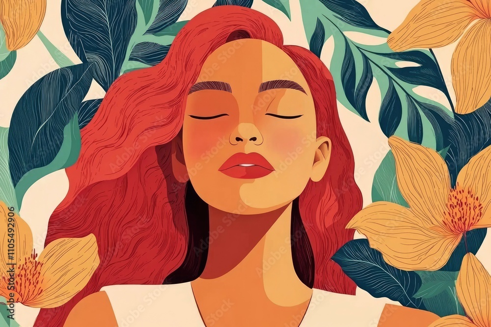Serene Woman Amidst Vibrant Tropical Flowers Serene Woman Amidst Vibrant Tropical Flowers