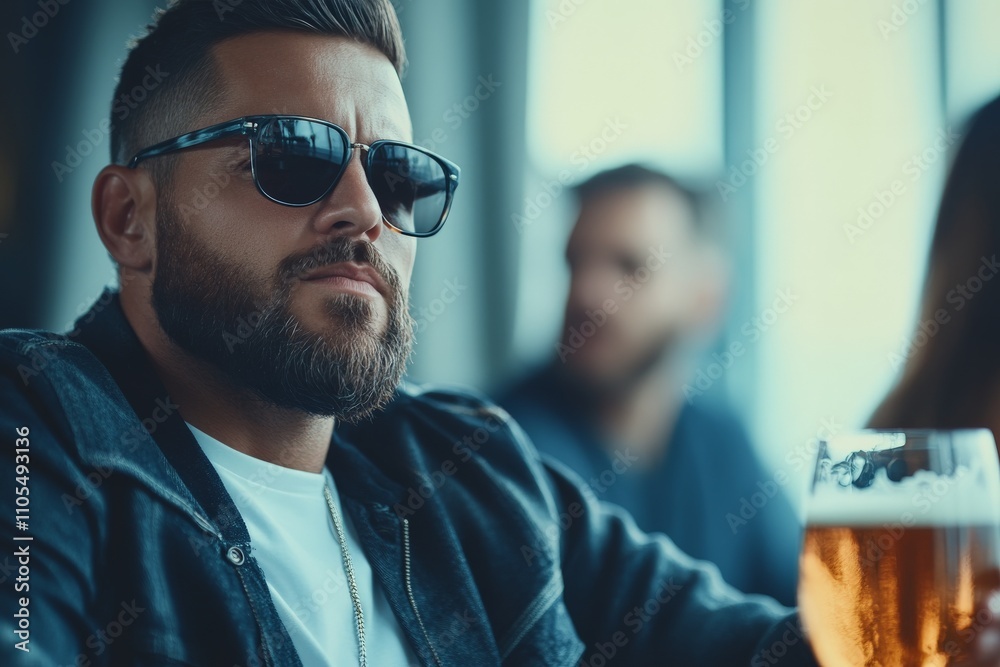 A bearded man donning sunglasses enjoys a hearty drink, exuding an aura of relaxation and confidence, set against a lively social backdrop. A bearded man donning sunglasses enjoys a hearty drink, exuding an aura of relaxation and confidence, set against a lively social backdrop.