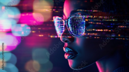 Wallpaper Mural Futuristic portrait of african female with digital glasses in neon lights. Torontodigital.ca