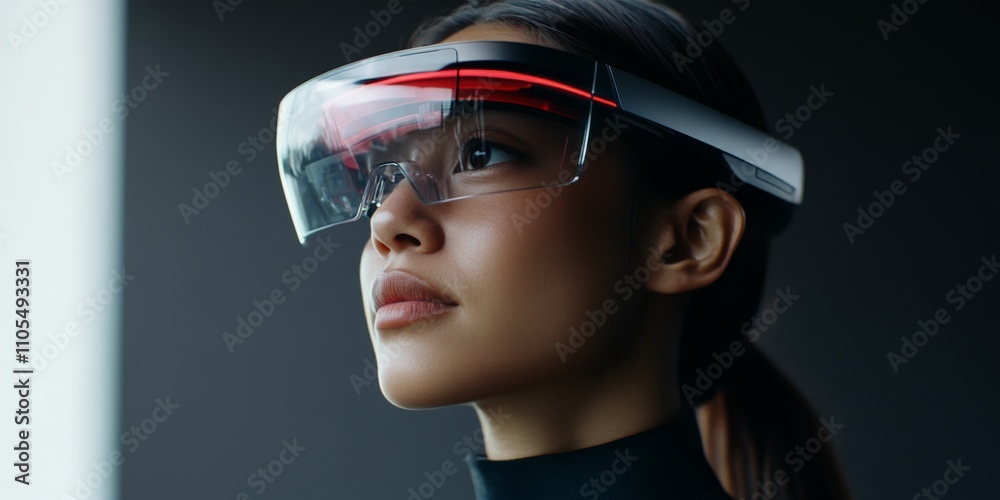 A woman with a sleek ponytail is wearing a futuristic augmented reality headset, symbolizing cutting-edge technology and the future of digital interaction.