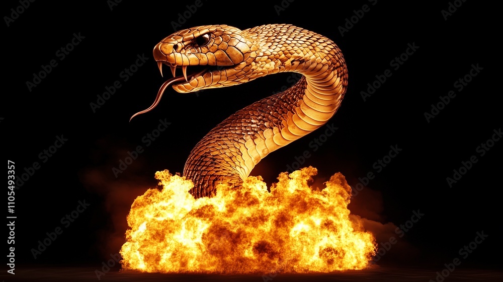 Fototapeta premium A golden cobra emerging dramatically from flames against a black background