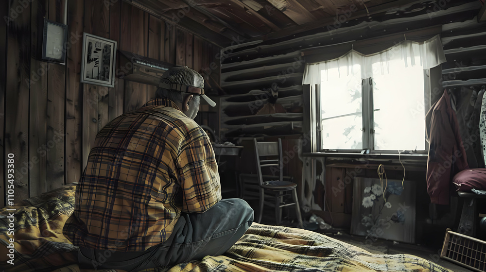 Rustic Cabin Illustration: Man Contemplating Winter View Rustic Cabin Illustration: Man Contemplating Winter View