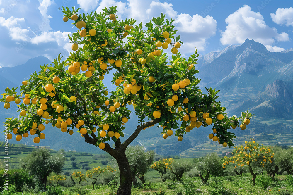 Lemon tree in the mountains of Sicily. close up of yellow lemon tree. touristic background. AI Generated Lemon tree in the mountains of Sicily. close up of yellow lemon tree. touristic background. AI Generated