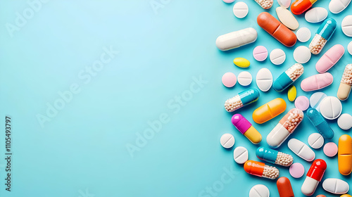 Colorful Capsules and Tablets Scattered on a Light Blue Background, Pharmaceutical Product Illustration