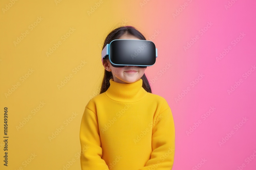 Virtual reality and accessibility, A child wearing a VR headset smiles against a vibrant yellow and pink background, showcasing the engaging experience of virtual reality. Virtual reality and accessibility, A child wearing a VR headset smiles against a vibrant yellow and pink background, showcasing the engaging experience of virtual reality.