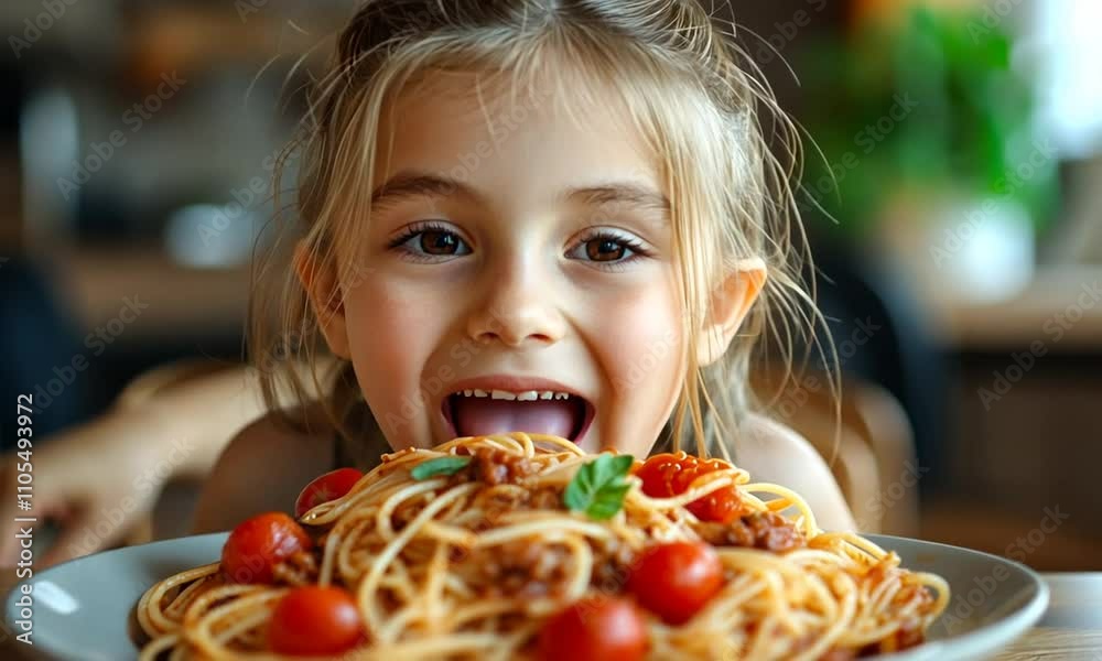 A smiling girl enjoying a plate of spaghetti with tomatoes. A smiling girl enjoying a plate of spaghetti with tomatoes.