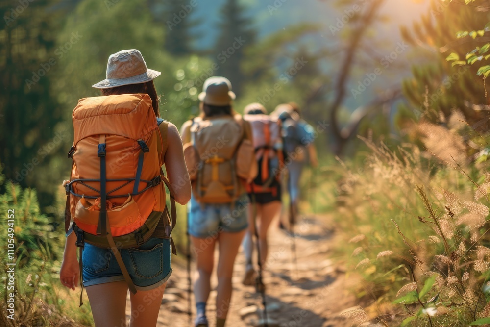 Group of hikers enjoying a break on a forest trail, admiring the beauty of nature Group of hikers enjoying a break on a forest trail, admiring the beauty of nature