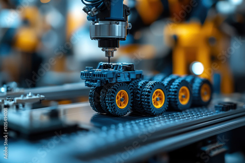 Toy factory, A robotic arm assembles a toy vehicle with colorful wheels on a production line, showcasing advanced manufacturing technology.