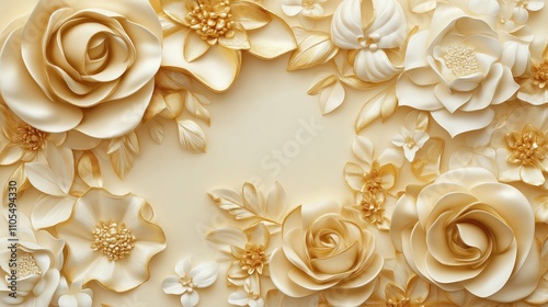 Luxury floral wallpaper design. 3D embossed cream and gold flowers create rich texture. Ideal for elegant home decor. Beautiful pattern background. Ornate style.