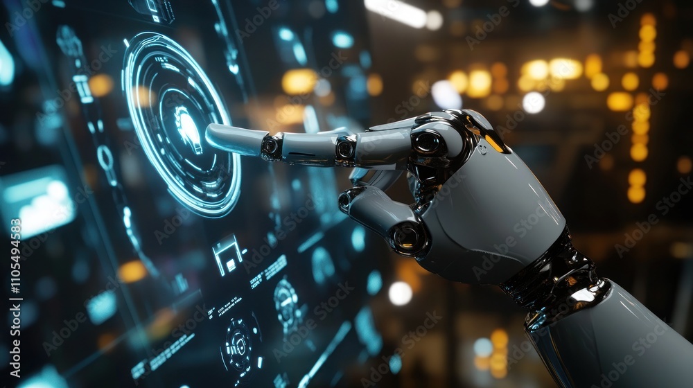 Fototapeta premium Robotic Hand Interacting with Futuristic Interface
