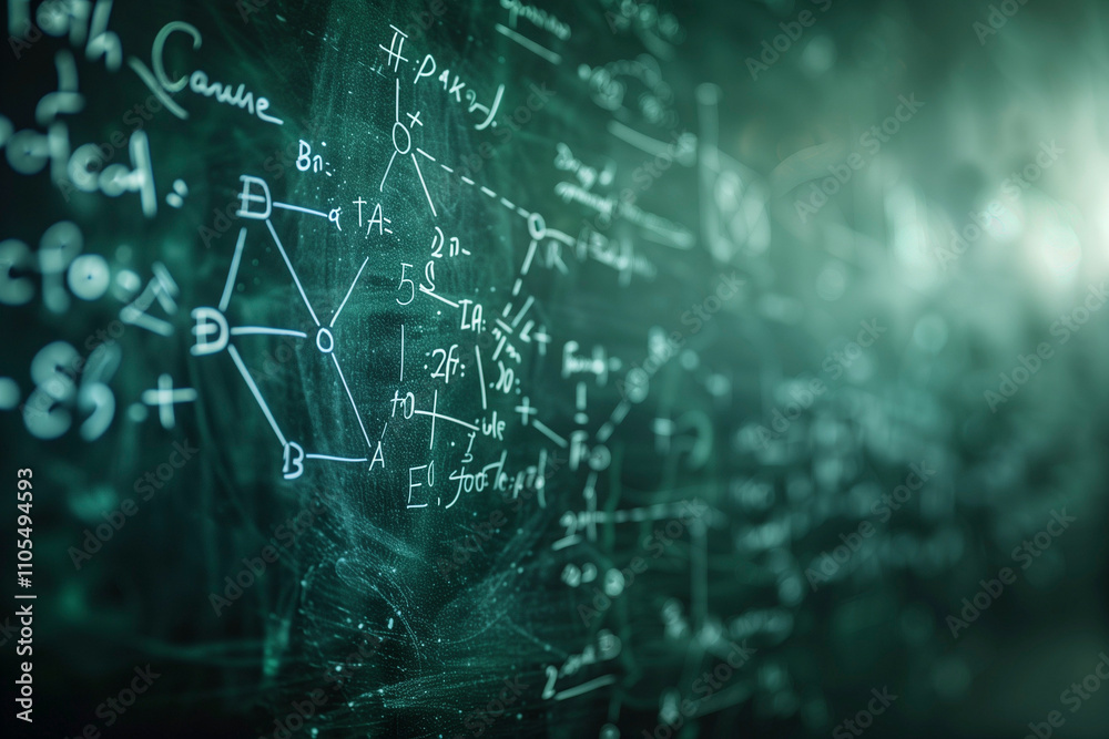 Obraz premium formulas on blackboard. chalkboard with math formulas on it in the school. close up. science background. AI Generated