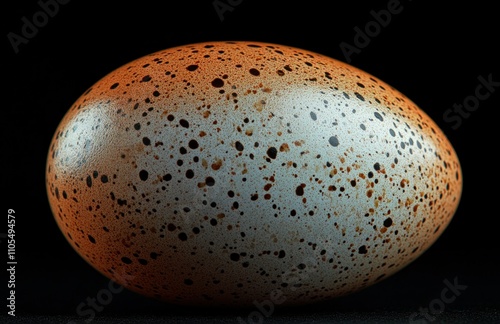 Close-up of a speckled bird egg against a black background.