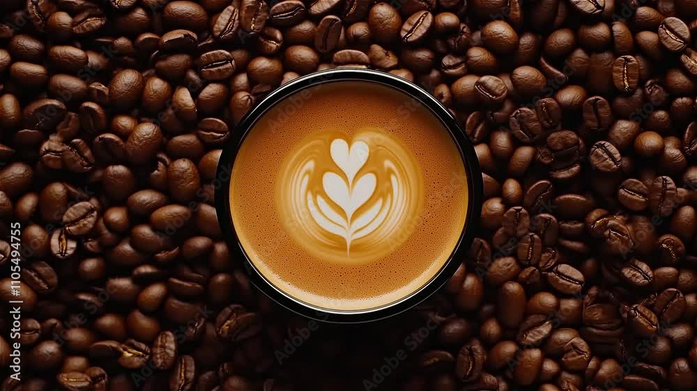 Coffee cup with latte art over coffee beans. Match-cut stop-motion timelapse. Top view. Generative AI