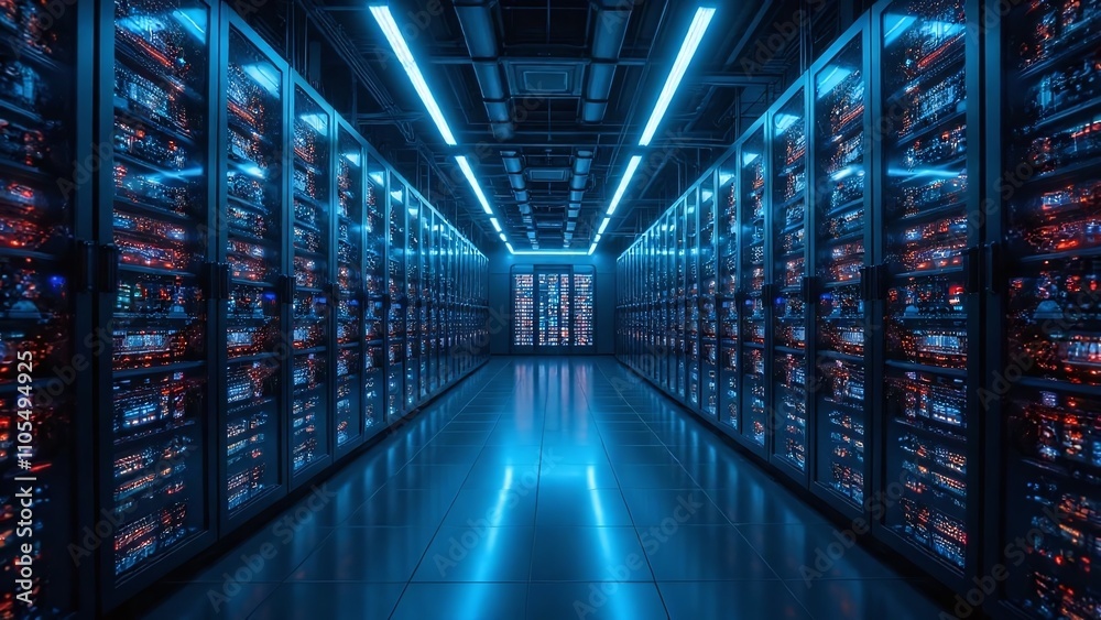 Futuristic data center server racks computer equipment Futuristic data center server racks computer equipment