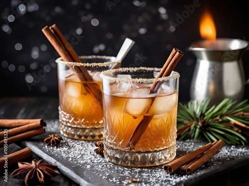 Szklanka whisky z kostkami lodu, laskami cynamonu i anyżem gwiaździstym na ciemnym tle. Suszone cytrusy i kokos w nastrojowej kompozycji martwej natury. 