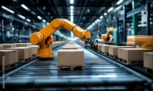 Wallpaper Mural Robotic arm sorting boxes on a conveyor belt in a warehouse. Torontodigital.ca