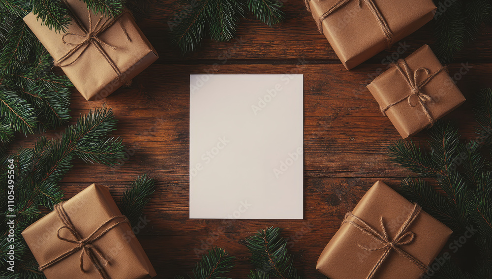 Overhead view of a blank white christmas card note surrounded by gifts Overhead view of a blank white christmas card note surrounded by gifts
