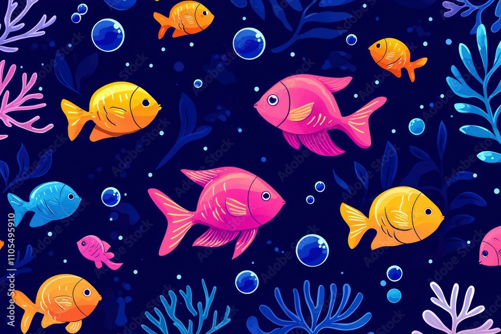 Naklejka premium Colorful Fish Swim Amongst Vibrant Underwater Plants