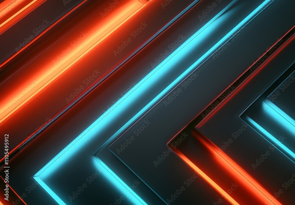 3D rendering of red and blue glowing arrows moving forward on black background