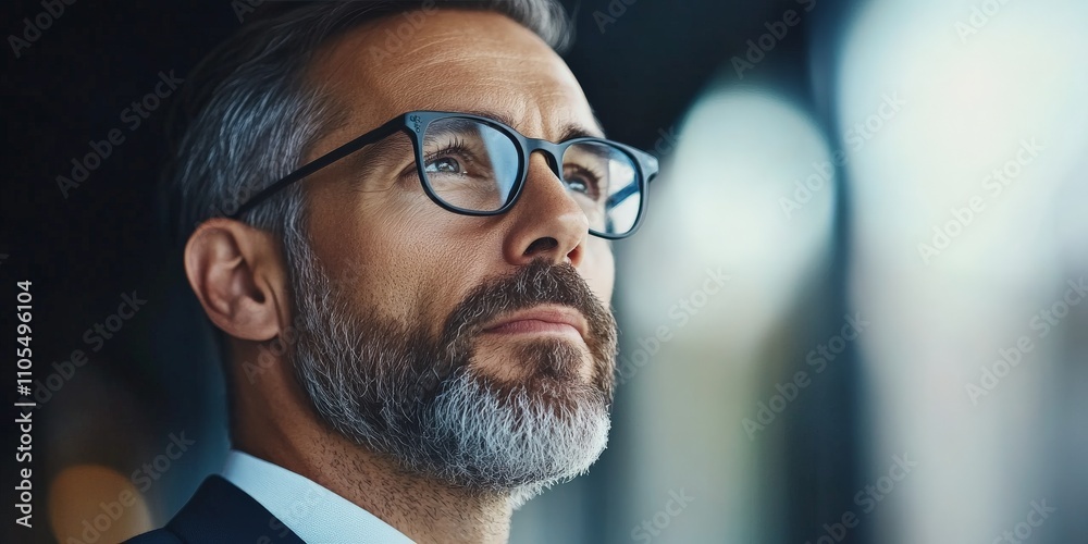 An introspective man with glasses gazes thoughtfully into the distance, with a soft light reflecting off his glasses, representing depth and contemplation in a modern setting.