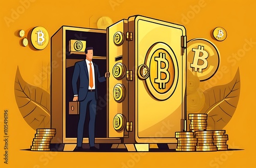 Alternative financial assets, crypto currency bitcoin, cash and gold for investment retirement plan concept, businessman investor standing with security safe with full of cash, gold and bitcoin inside photo