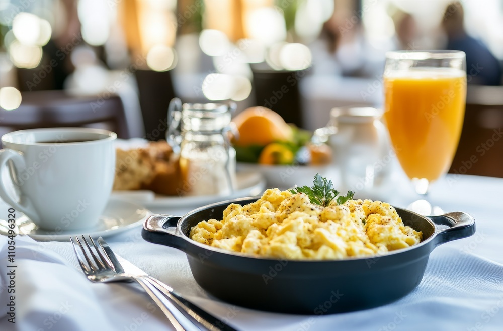 Luxurious and inviting breakfast spread with scrambled eggs, fresh fruits, coffee, honey, and orange juice on white tablecloth Luxurious and inviting breakfast spread with scrambled eggs, fresh fruits, coffee, honey, and orange juice on white tablecloth