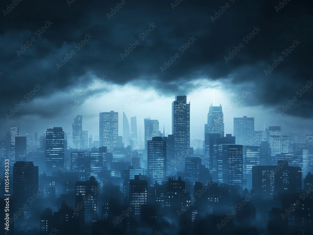 Fototapeta premium Dark clouds loom over city skyline, symbolizing economic risk.