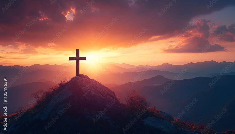 A wooden cross atop a mountain peak at sunset, perfect for New Year's Eve or Christmas reflections, evoking peace and solitude in a spiritual setting. A wooden cross atop a mountain peak at sunset, perfect for New Year's Eve or Christmas reflections, evoking peace and solitude in a spiritual setting.