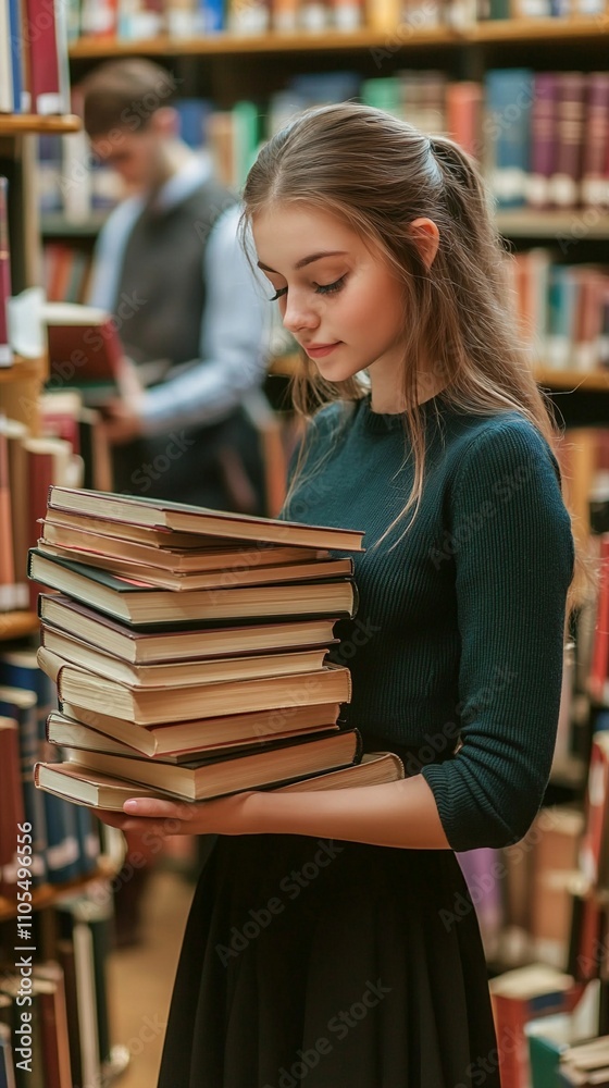 Young student carrying a tall stack of books in a library, focused on her studies amidst shelves of knowledge. Education and learning concept captured. Young student carrying a tall stack of books in a library, focused on her studies amidst shelves of knowledge. Education and learning concept captured.