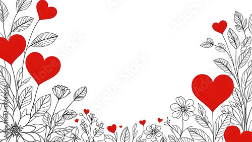 set of flora illustrated heart, flowers and leaves isolated from transparent background, black and white, for graphic design. romantic concept. 300dpi, PNG