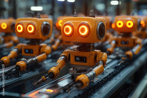 Toy factory, A row of orange robots with glowing eyes positioned on a conveyor belt in an industrial setting, showcasing advanced technology and automation.