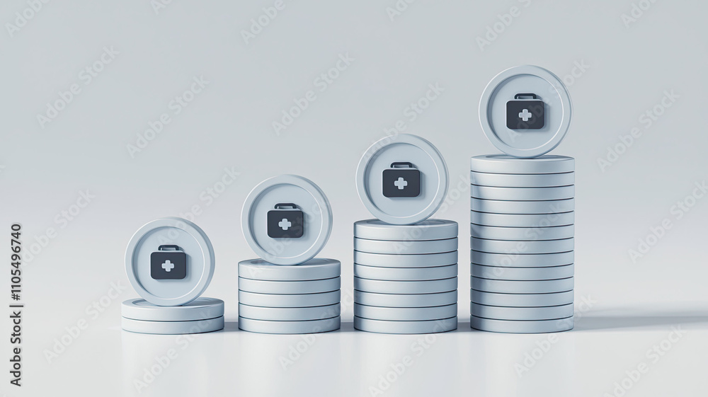 Series of four coins featuring medical kit icons on ascending stacks, symbolizing growth, healthcare funding, financial investment, and progress, arranged on a plain white background for a clean Series of four coins featuring medical kit icons on ascending stacks, symbolizing growth, healthcare funding, financial investment, and progress, arranged on a plain white background for a clean
