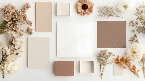 Blank stationery cards and boxes with dried flowers on white background.