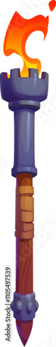 Medieval fire torch for cartoon game asset or GUI element, vector torchlight. Ancient torch of wooden handle with burning fire flame for Medieval fantasy adventure of castle or dungeon arcade game